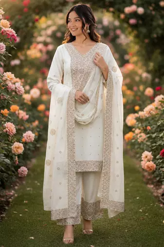 white  silk blend embroidered with sequence plazzo suit