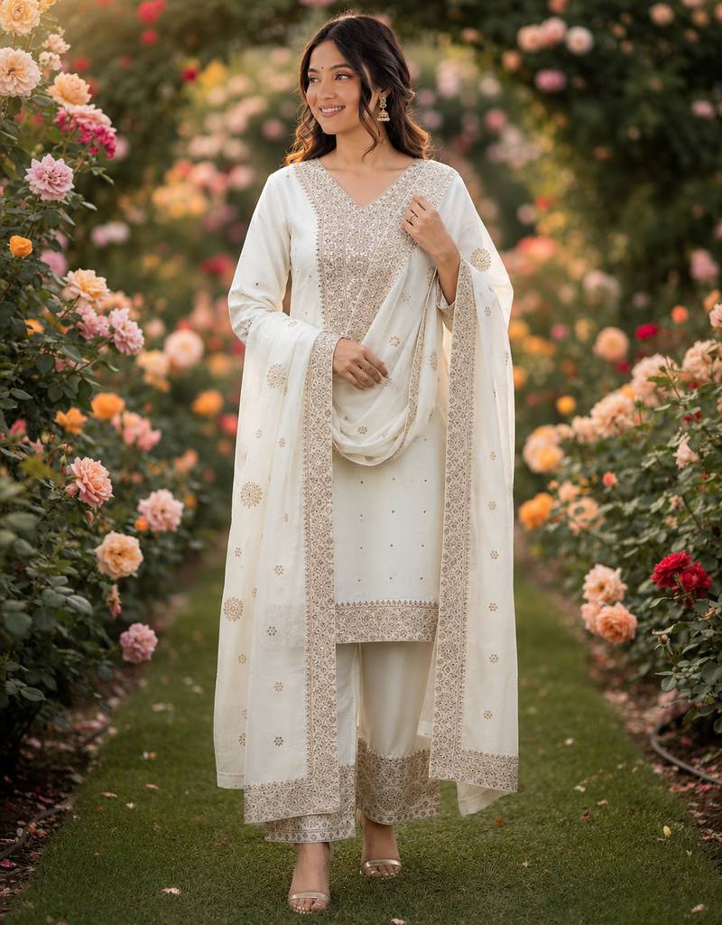 white  silk blend embroidered with sequence plazzo suit
