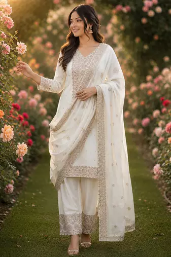 white  silk blend embroidered with sequence plazzo suit