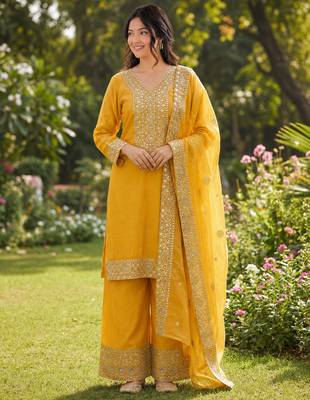 yellow  silk blend embroidered with sequence plazzo suit 1