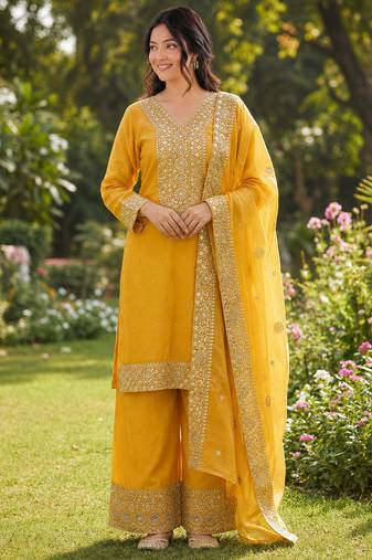 yellow  silk blend embroidered with sequence plazzo suit