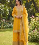 yellow  silk blend embroidered with sequence plazzo suit