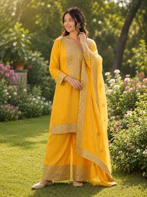 yellow  silk blend embroidered with sequence plazzo suit 2