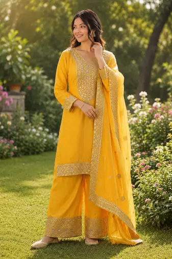 yellow  silk blend embroidered with sequence plazzo suit