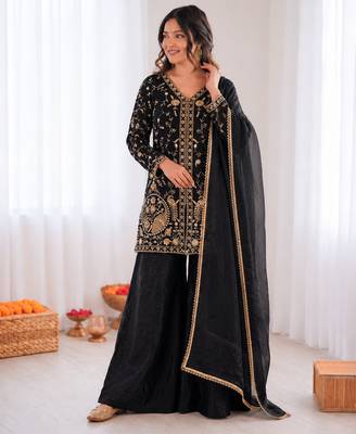 black  silk blend embroidered with sequence plazzo suit 1