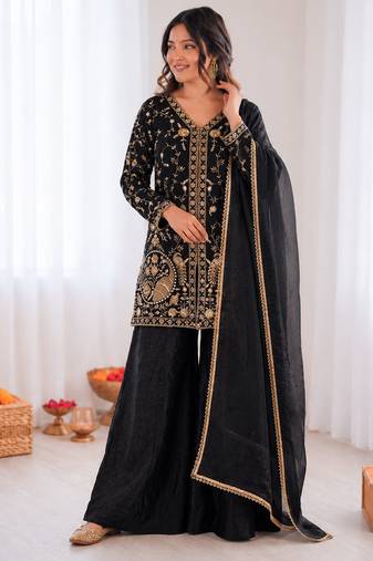 black  silk blend embroidered with sequence plazzo suit