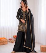 black  silk blend embroidered with sequence plazzo suit