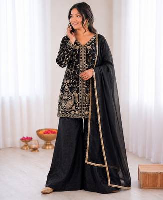 black  silk blend embroidered with sequence plazzo suit 2