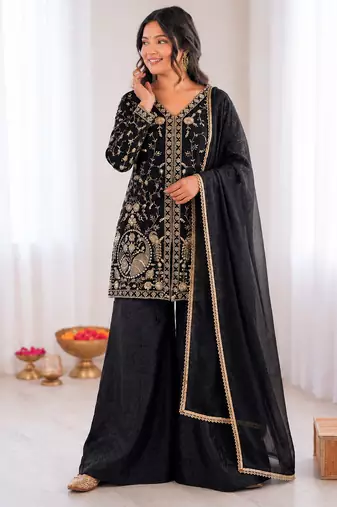 black  silk blend embroidered with sequence plazzo suit
