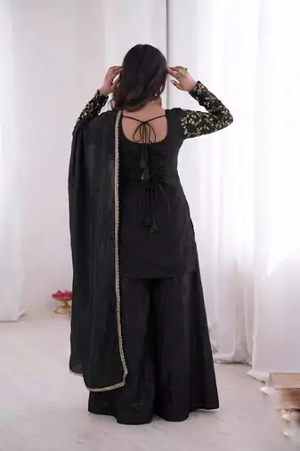 black  silk blend embroidered with sequence plazzo suit