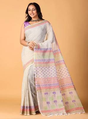 Blue handblock printed saree with blouse 1