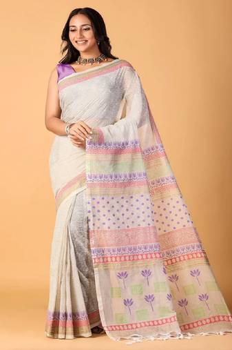 Blue handblock printed saree with blouse