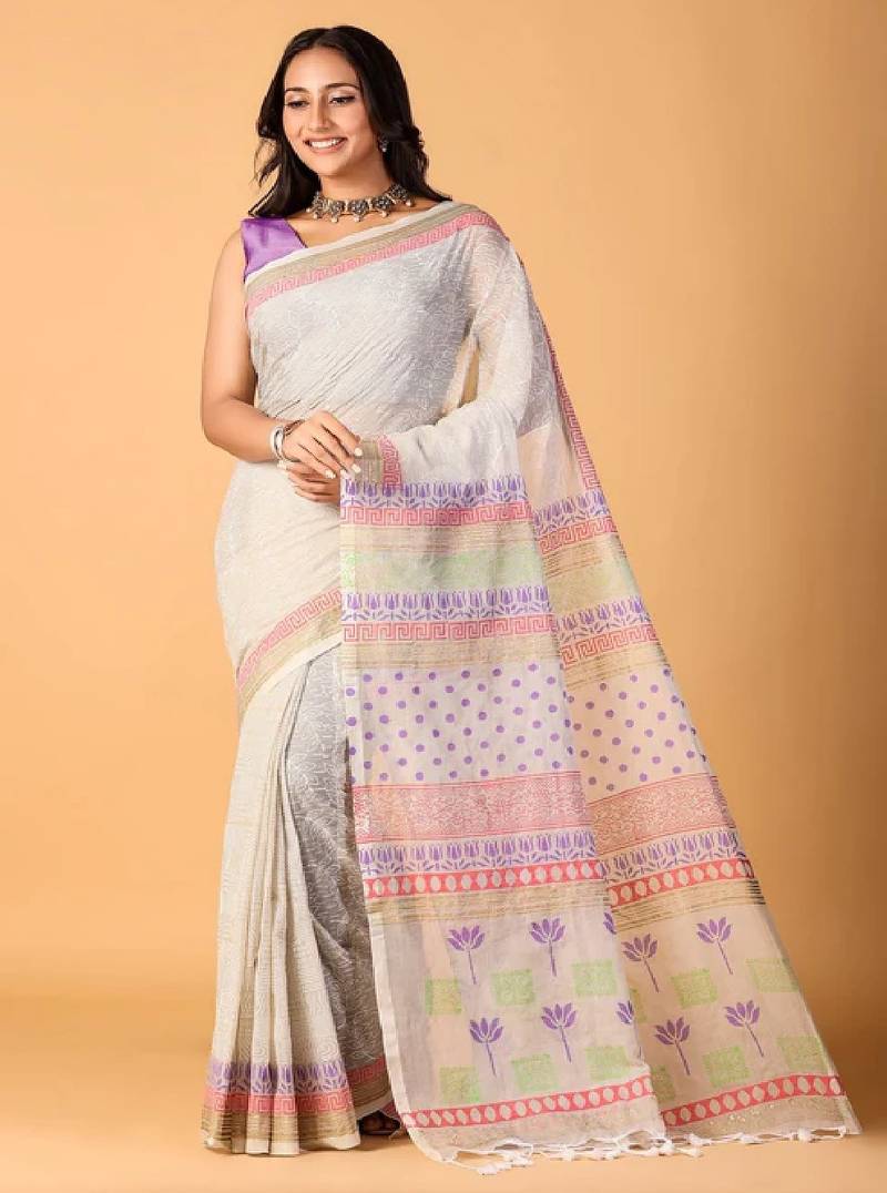Blue handblock printed saree with blouse