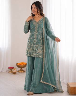 dusty green  silk blend embroidered with sequence plazzo suit 1