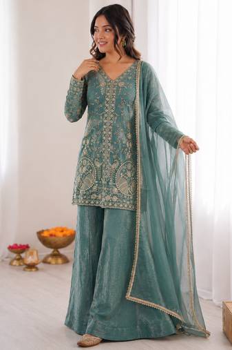 dusty green  silk blend embroidered with sequence plazzo suit
