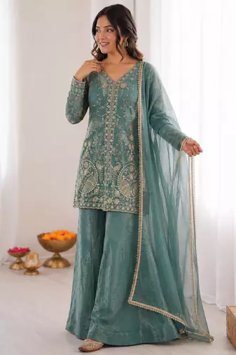 dusty green  silk blend embroidered with sequence plazzo suit