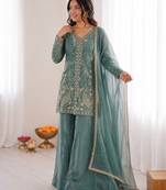 dusty green  silk blend embroidered with sequence plazzo suit