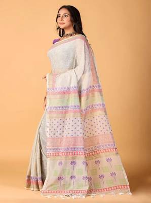 Blue handblock printed saree with blouse 3