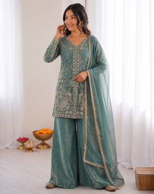 dusty green  silk blend embroidered with sequence plazzo suit 2