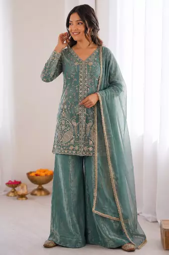 dusty green  silk blend embroidered with sequence plazzo suit
