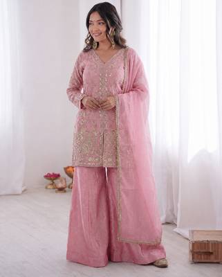 light pink  silk blend embroidered with sequence plazzo suit 1