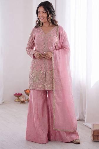 light pink  silk blend embroidered with sequence plazzo suit