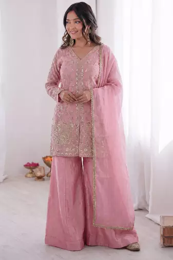 light pink  silk blend embroidered with sequence plazzo suit