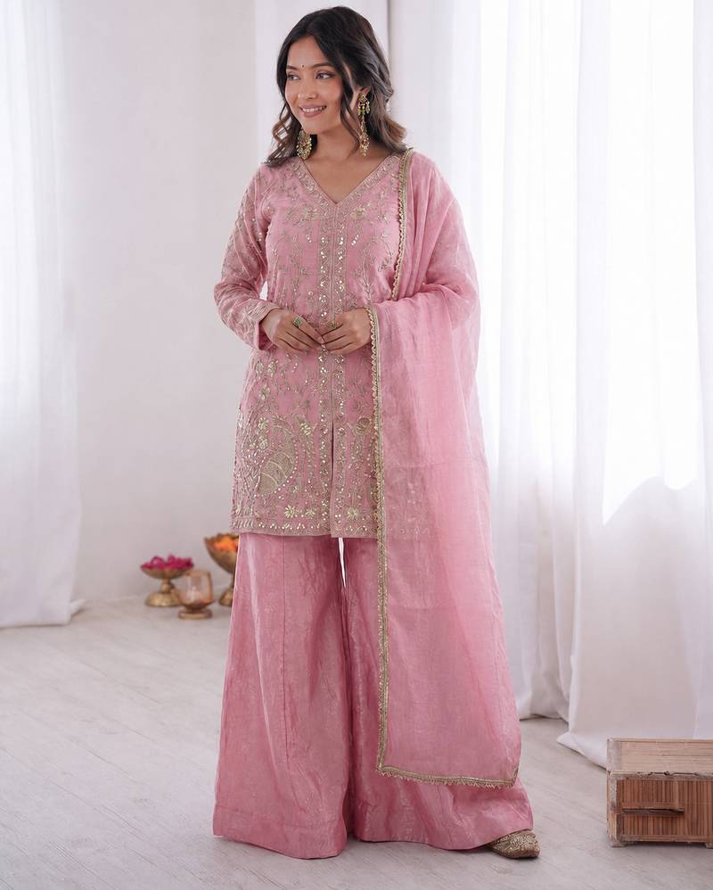 light pink  silk blend embroidered with sequence plazzo suit