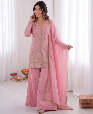 light pink  silk blend embroidered with sequence plazzo suit 2