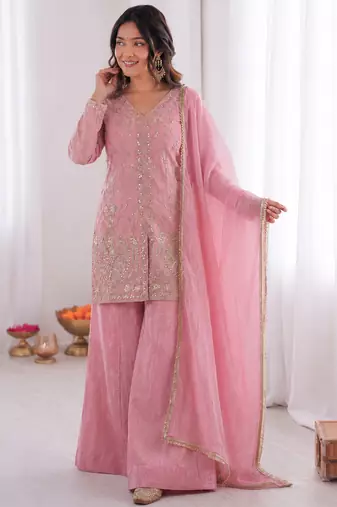 light pink  silk blend embroidered with sequence plazzo suit