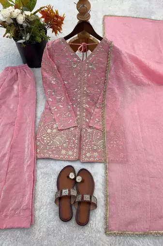 light pink  silk blend embroidered with sequence plazzo suit