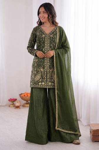 mehendi  silk blend embroidered with sequence plazzo suit