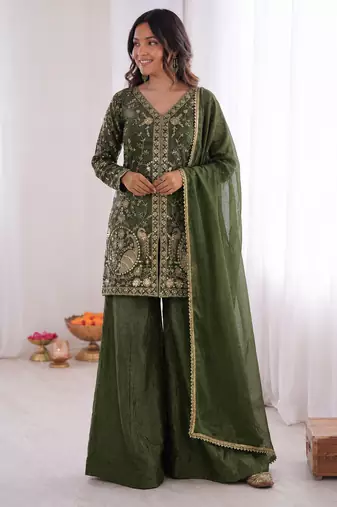 mehendi  silk blend embroidered with sequence plazzo suit
