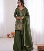 mehendi  silk blend embroidered with sequence plazzo suit