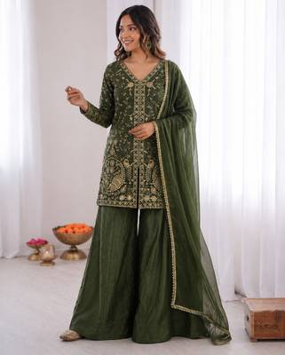 mehendi  silk blend embroidered with sequence plazzo suit 2