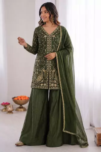 mehendi  silk blend embroidered with sequence plazzo suit