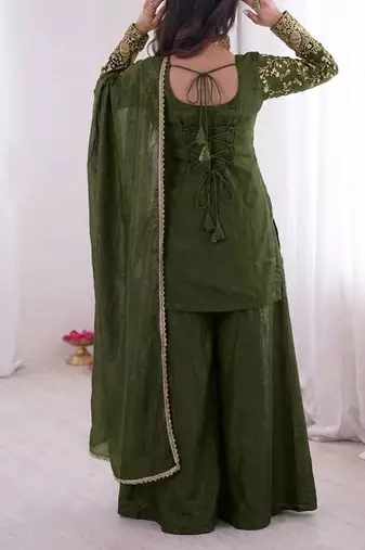 mehendi  silk blend embroidered with sequence plazzo suit