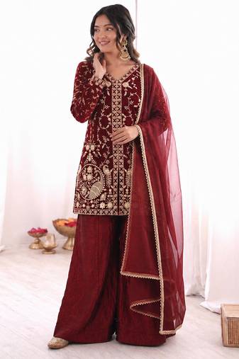 maroon  silk blend embroidered with sequence plazzo suit