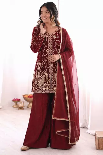 maroon  silk blend embroidered with sequence plazzo suit