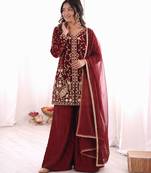 maroon  silk blend embroidered with sequence plazzo suit