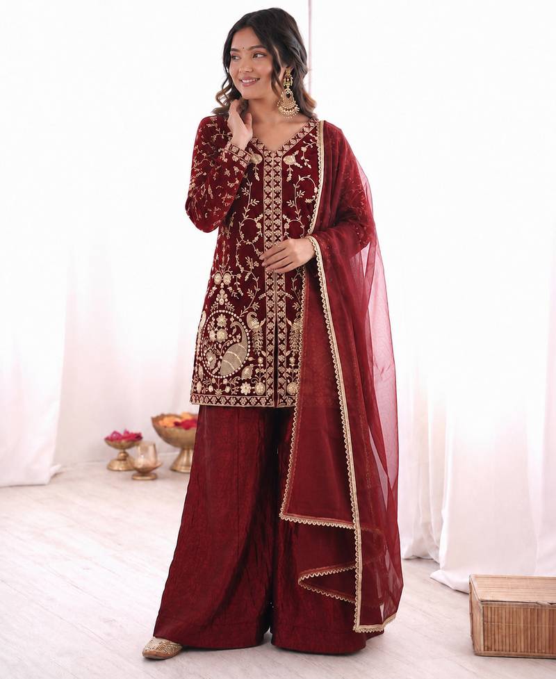 maroon  silk blend embroidered with sequence plazzo suit