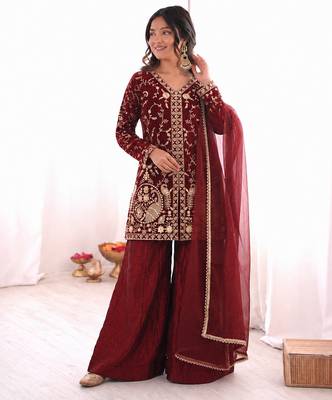 maroon  silk blend embroidered with sequence plazzo suit 2