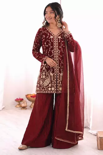 maroon  silk blend embroidered with sequence plazzo suit