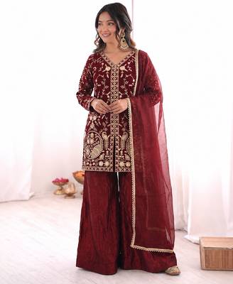 maroon  silk blend embroidered with sequence plazzo suit 3