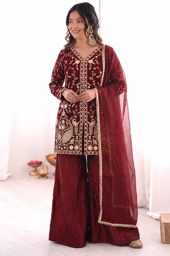 maroon  silk blend embroidered with sequence plazzo suit