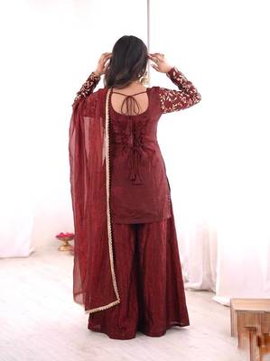maroon  silk blend embroidered with sequence plazzo suit 4