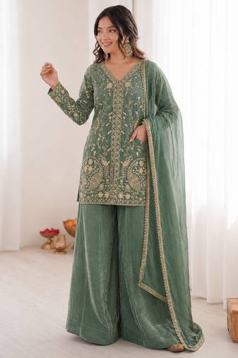 mint green  silk blend embroidered with sequence plazzo suit