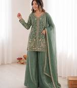 mint green  silk blend embroidered with sequence plazzo suit