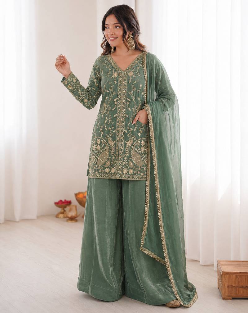 mint green  silk blend embroidered with sequence plazzo suit
