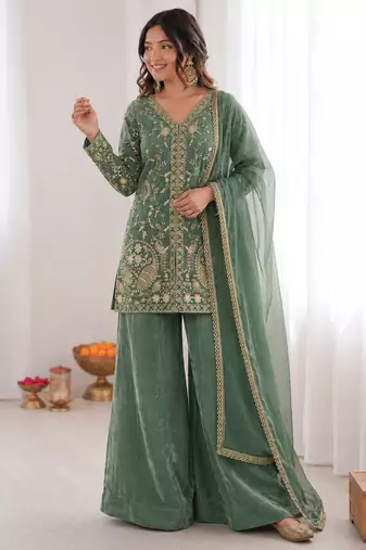 mint green  silk blend embroidered with sequence plazzo suit